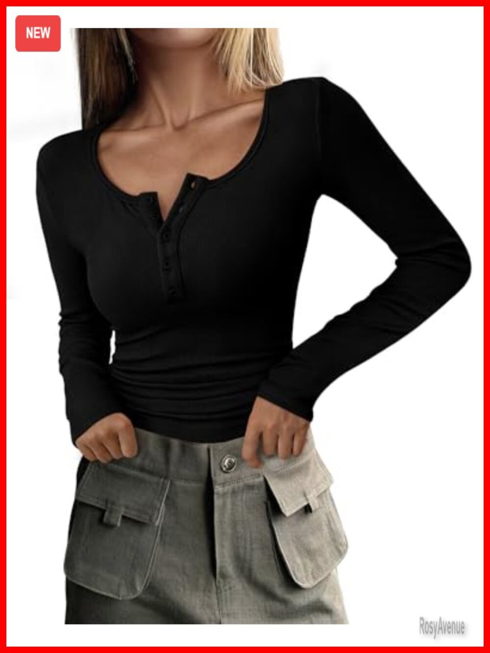 Women's Long Sleeve Henley T Shirt Ribbed Knit Slim Fit Casual Top